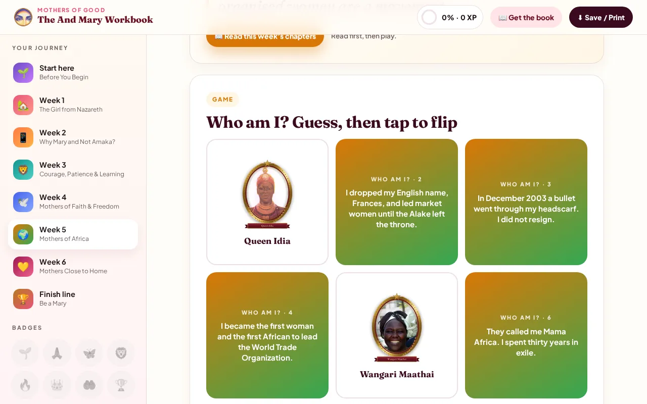The And Mary Workbook on a laptop: flip cards for Mothers of Africa